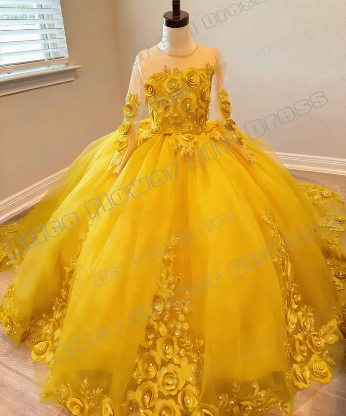 Robes de demoiselle d'honneur bleues personnalisées pour mariage, fleurs 3D, manches longues, en Tul