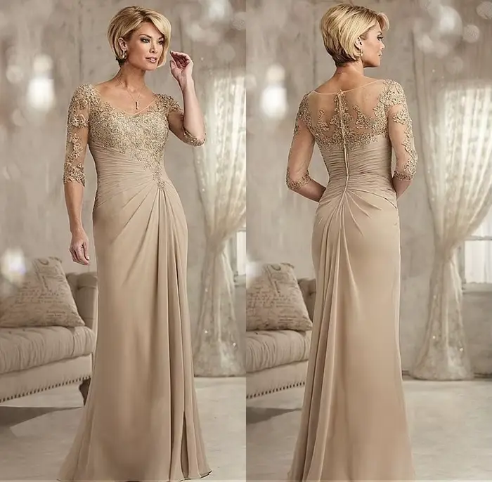 Robes mère de la mariée élégantes en dentelle perlée, Champagne, grande taille, en mousseline de soi