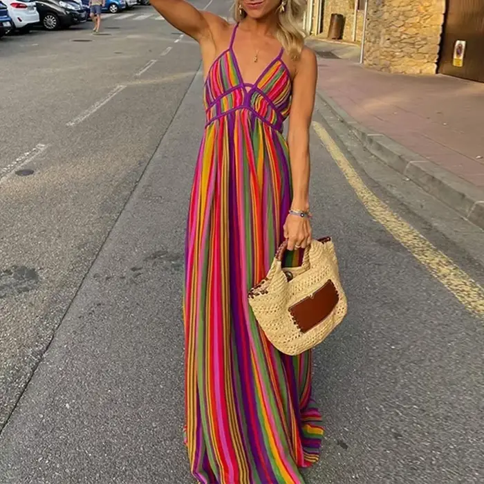 Robe longue style bohémien, dos nu, ajourée, Sexy, col en v, sans manches, taille haute, pour l'été,