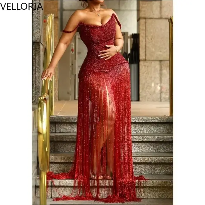 Robe de soirée à franges marron sans manches bustier perlé pour femmes occasions spéciales soirée officielle élégante à offrir