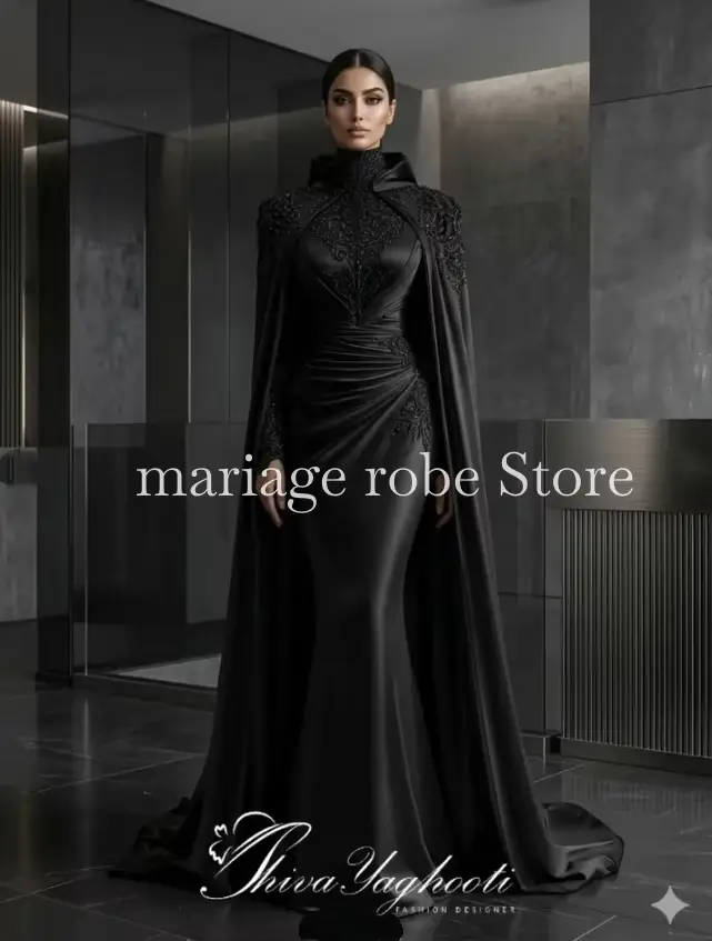 Robes de soirée de luxe noires musulmanes arabes avec cape, manches longues, appliques, tenue de gal