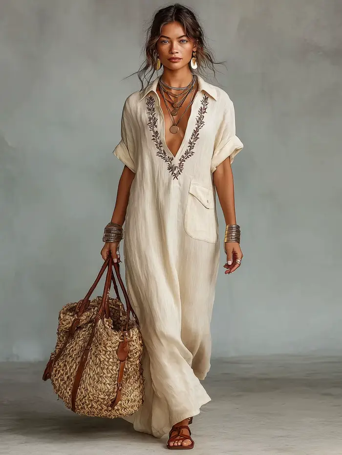 Robe longue en lin mélangé pour femmes, col en V brodé, manches courtes, coupe ample, robe à poches,