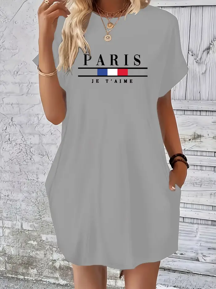 Robe d'été à manches courtes et col rond pour femmes imprimée de lettres distribuées confortable décontractée grande taille pour occasions spéciales