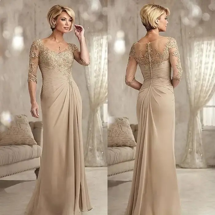 Robes mère de la mariée élégantes Champagne, personnalisées, demi-manches, dentelle appliquée, mousseline de soie plissée, robes de soirée de mariage sirène