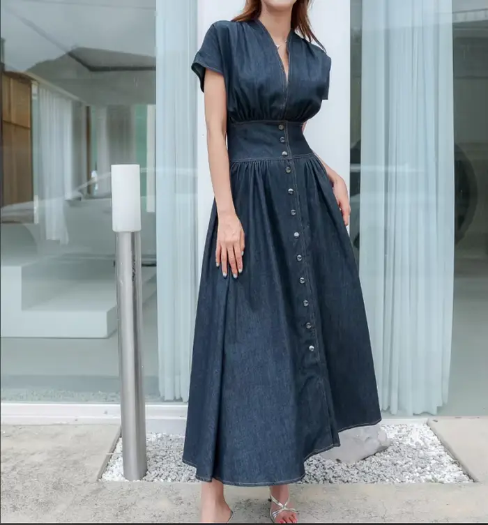 Mode jean robe col en v à manches courtes femmes 2025 été décontracté ample femme dames sans