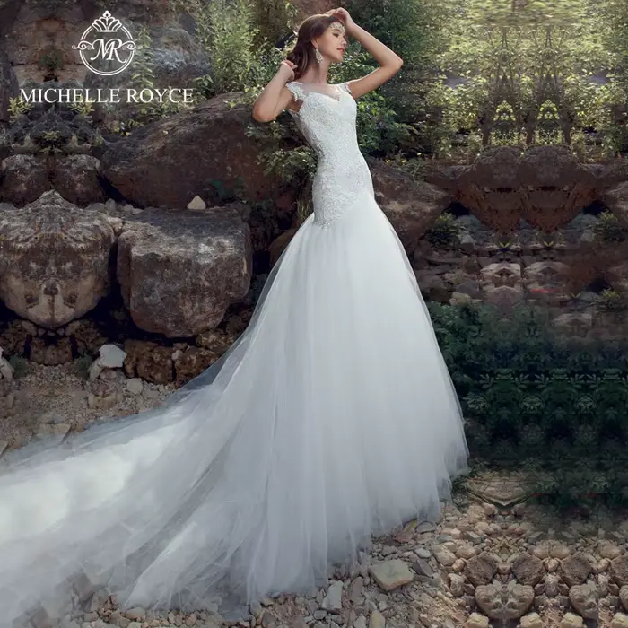 Michelle Royce sirène robes De mariée Sexy chérie Appliques Illusion bouton chapelle Train robes De 