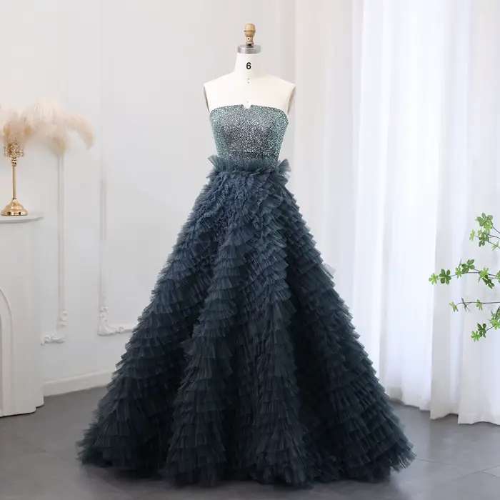 Robe Sharon Said en tulle bleu marine avec sequins et volants pour femmes occasions spéciales soirée officielle élégante à offrir