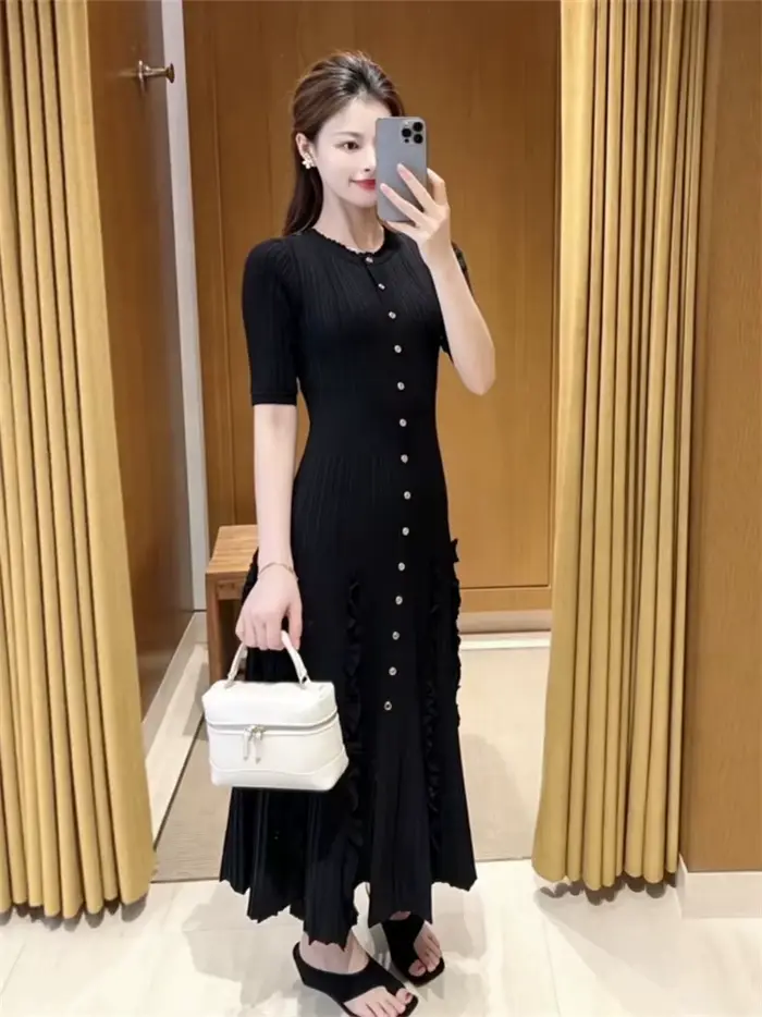 Robe Courte Tricotée Unie à Volants pour Femme