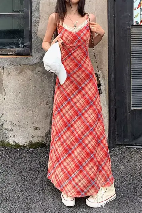 Robe longue élégante à carreaux avec dentelle, sensation haut de gamme, pour femme, été, plage, vaca