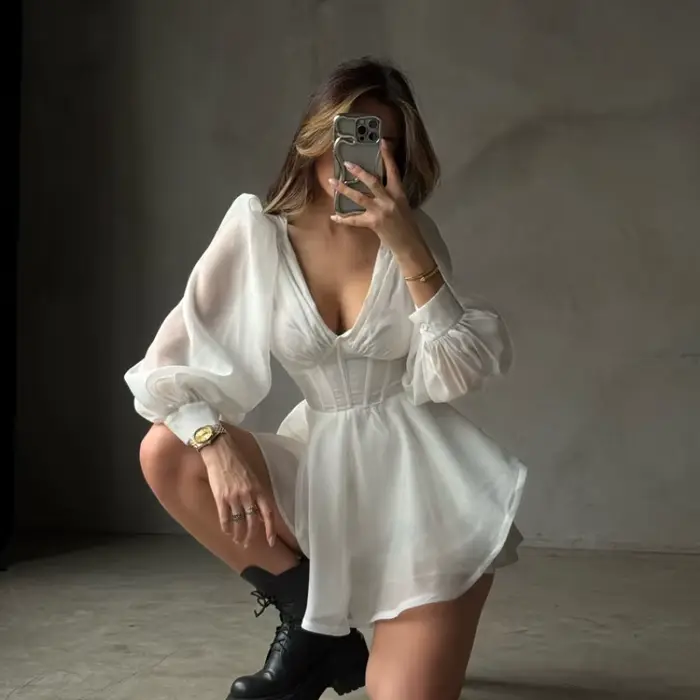 Robe Courte Élégante Blanche en Mousseline pour Femme