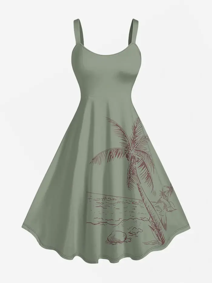 Robe débardeur hawaïenne pour femme, imprimé cocotiers et paysage marin, décontractée, sans manches,