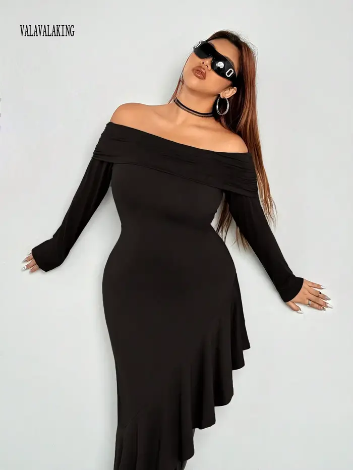2025 Sexy noir hors de l'épaule grande taille robe longue femmes été à volants Midi
