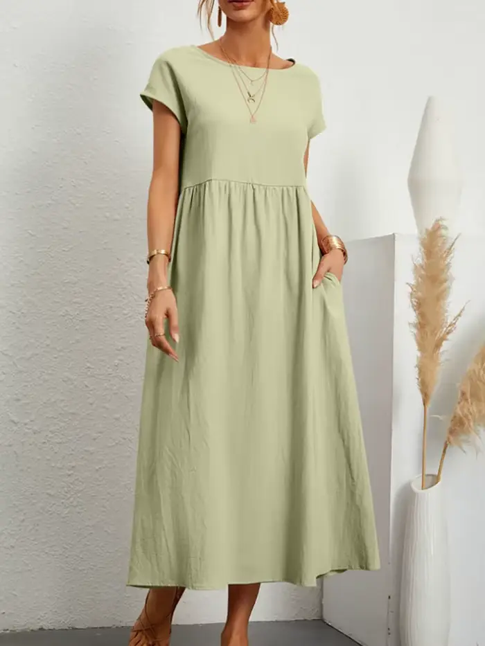 Robes pour femmes en coton et lin, mi-longues, décontractées, à manches courtes, coupe ample, style 