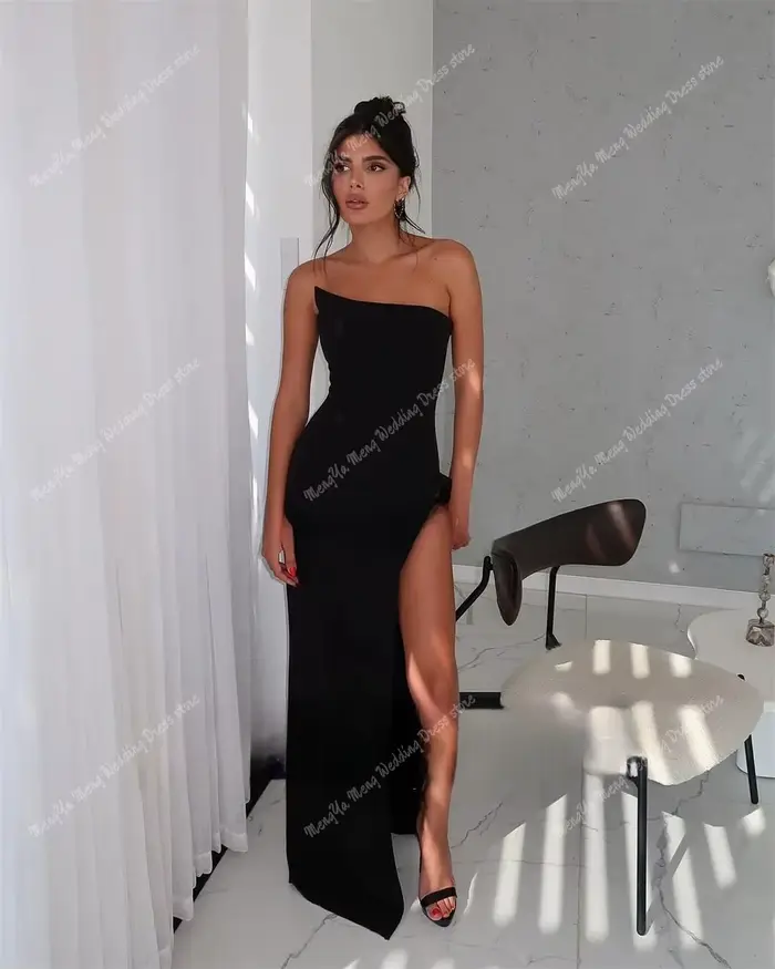 Robes de soirée formelles noires élégantes pour femmes, Bustier arabe et longueur au sol, robes haut