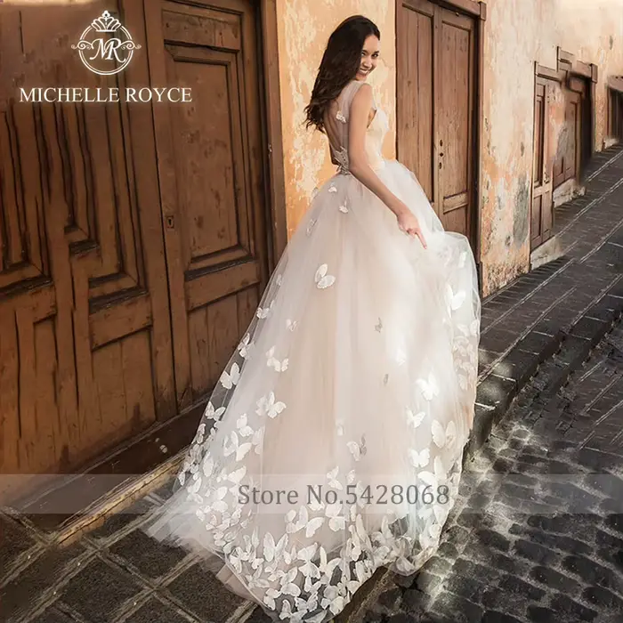 Michelle Royce a-ligne robes De mariée pour les femmes Sexy chérie Illusion ceintures bouton Court Train robe