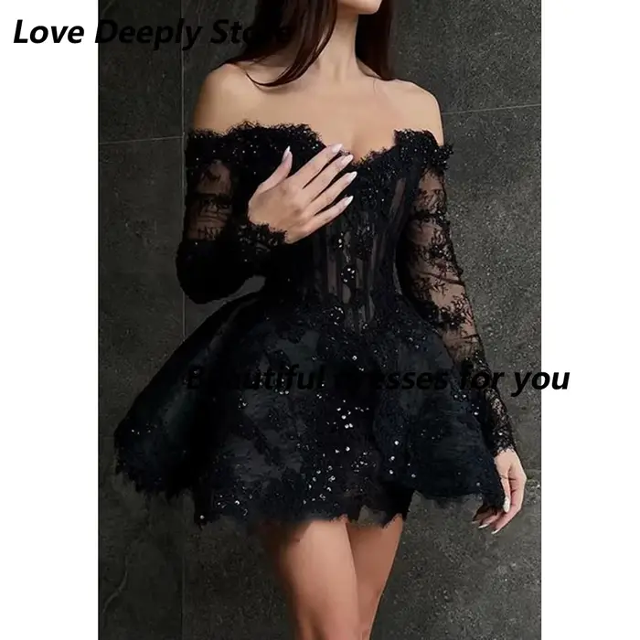 Robe de cocktail mini en dentelle noire personnalisable avec décolleté Mon Amour et décoration en perles pour femmes toutes occasions spéciales