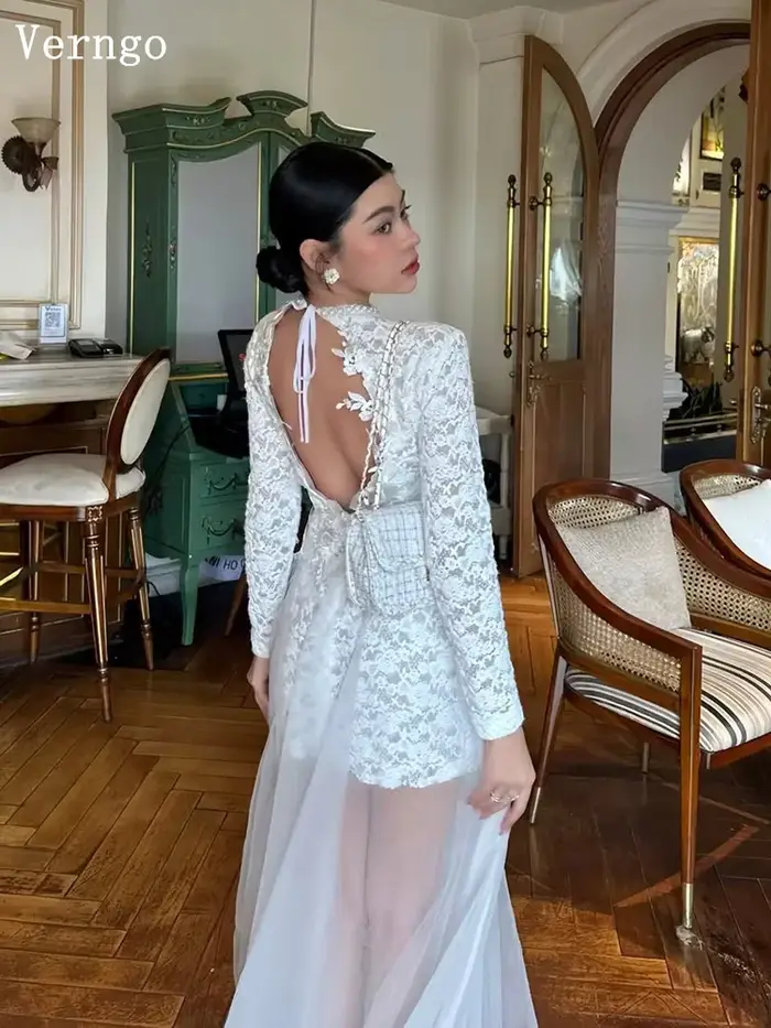 Robe de mariée courte en dentelle sexy Verngo, col montant, coupe A, plissée, robes de mariée modernes, robe de bal, robe de mariée personnalisée, vestido de novia
