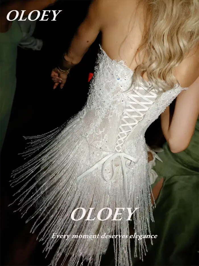 OLOEY luxe bretelles sirène robe De mariée courte paillettes dentelle Mini