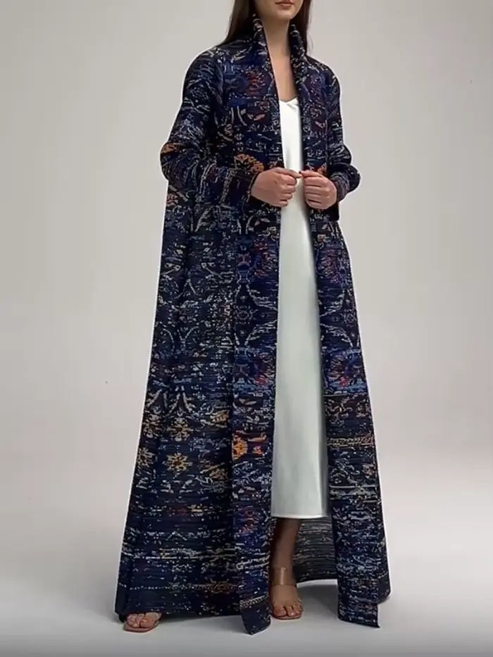 LANMREM-Robe imprimée bleu marine plissée pour femme, coupe-vent long avec manches, mode de luxe fém