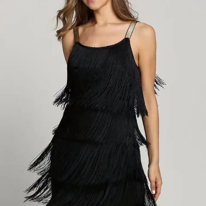 Robe d'été sexy à franges pour femmes, décontractée, plage, soirée, sans manches, col rond, polyester, noir, blanc, argent, occassions spéciales