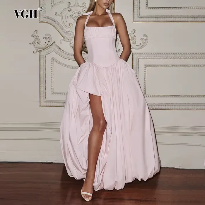 Robe de soirée élégante et glamour VGH rose à bretelles pour femmes
