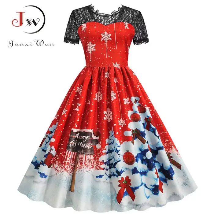 Robe de Noël pour femme élégante vintage taille haute décontractée imprimée en dentelle pour soirée festive et cérémonie d'hiver