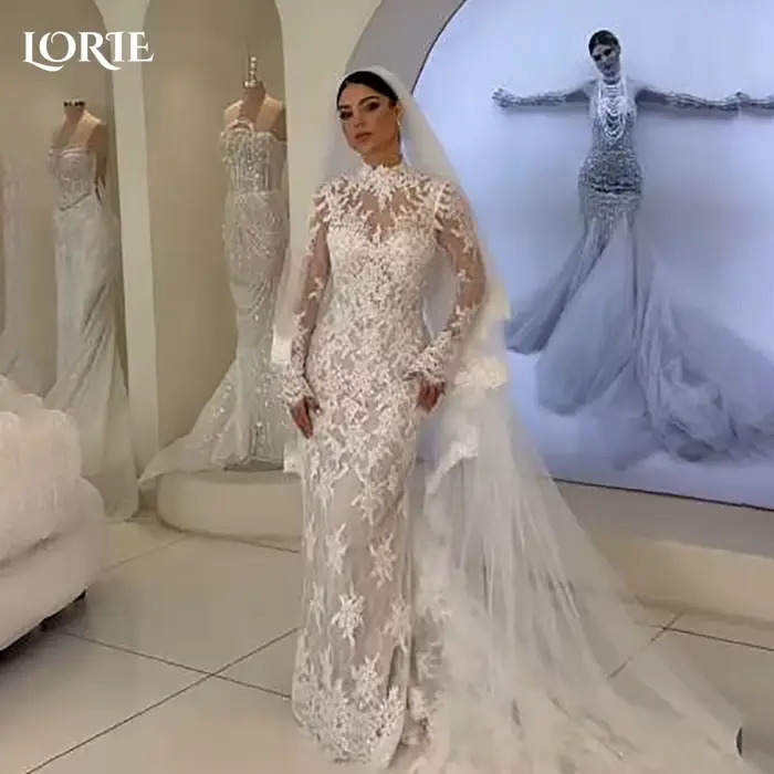 LORIE dentelle plage robes de mariée 3D Floral Applique col haut détachable Train sirène robe