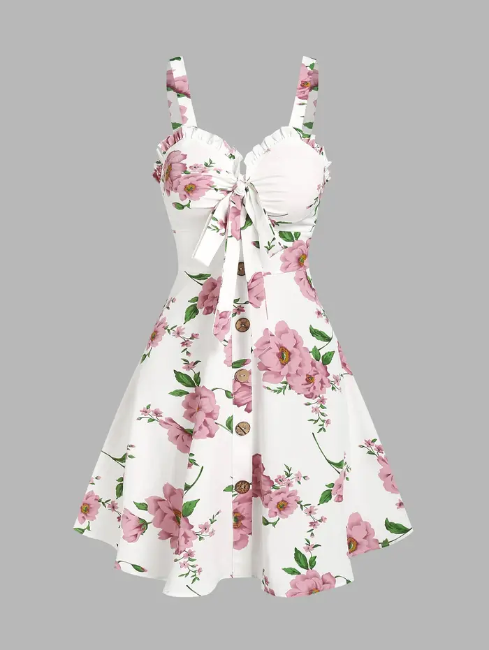 Robe de vacances en polyester imprimée floral avec arc et volants pour femmes, mini robe sans manches pour sorties estivales et occasions spéciales