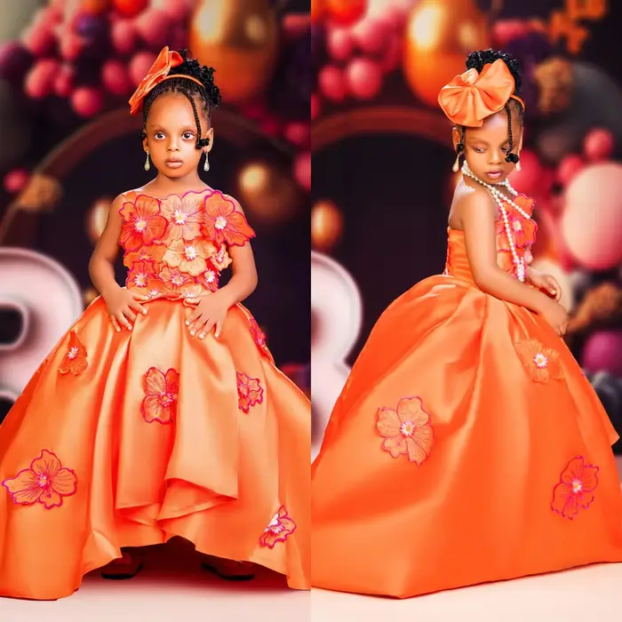 Robes de princesse orange à grande fleur pour filles, robes d'anniversaire pour enfants, mariage, Rh