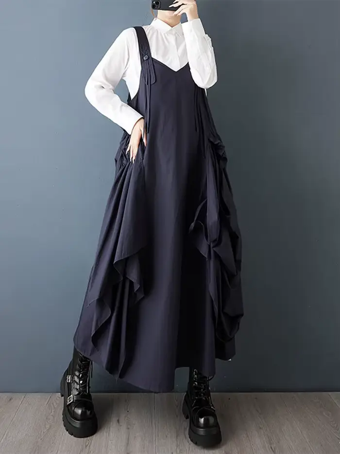Robe plissée sans manches noire Vintage à bretelles pour femmes