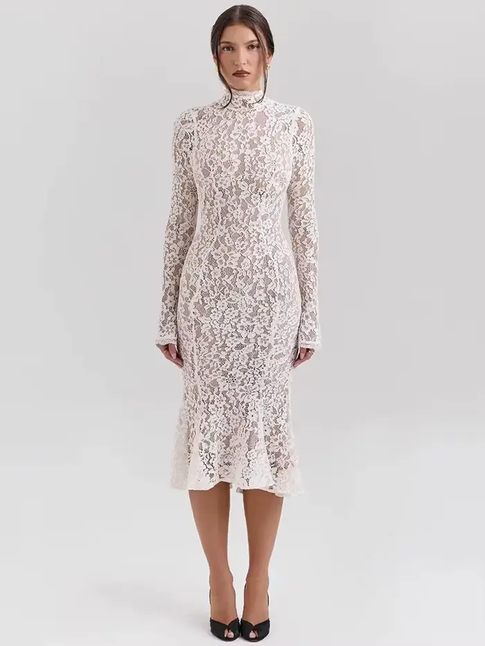 Robe longue en dentelle polyester pour femmes, style Y2K, col rond, taille haute, manches spaghetti, longueur cheville, pour soirées et clubs