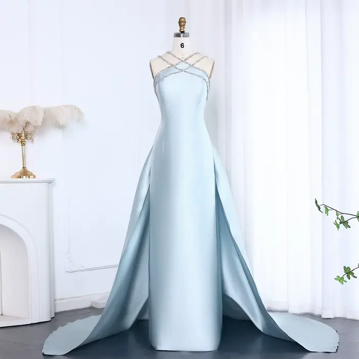 Sharon dit cristal croisé bleu robe de soirée dubaï arabe avec surjupe femmes robe de soirée de mari