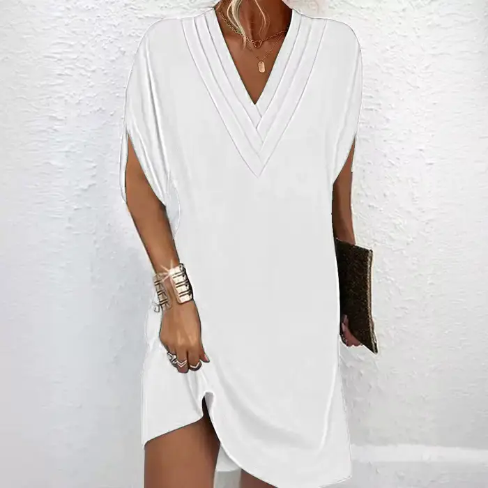 Femmes élégantes multicouche col en V pull robes été chauve-souris demi manches robe nouvelle femme couleur unie
