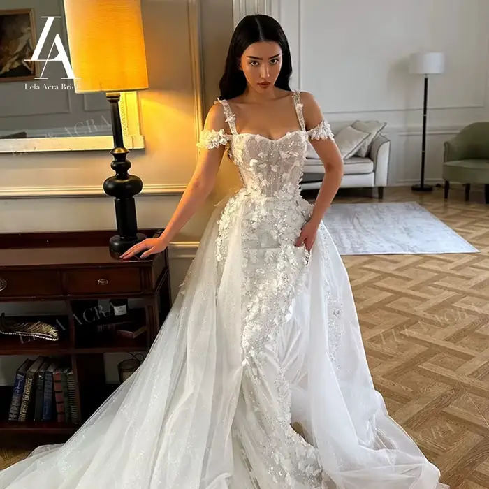 2 en 1 chérie robe de mariée sirène 2026 brillant 3D fleurs princesse