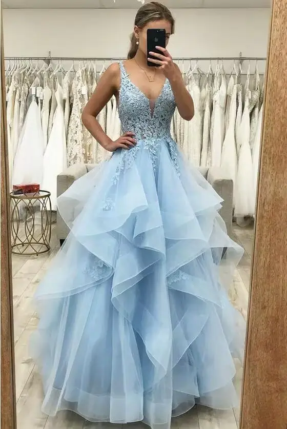 ANGELSBRIDEP bleu a-ligne robe de soirée volants fête robes de bal vestido de noche perles Applique 