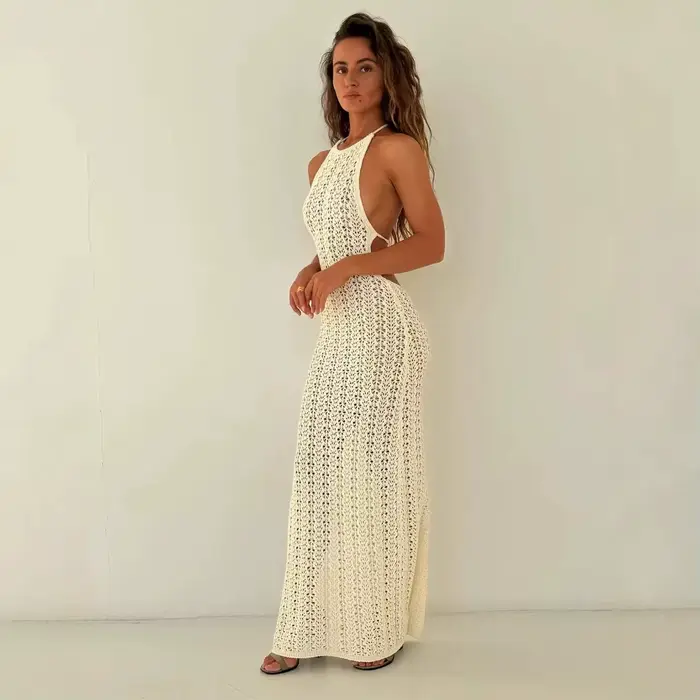 Robe longue femme 2025 mode coréenne nouvelles femmes robes solide évider fendu sexy