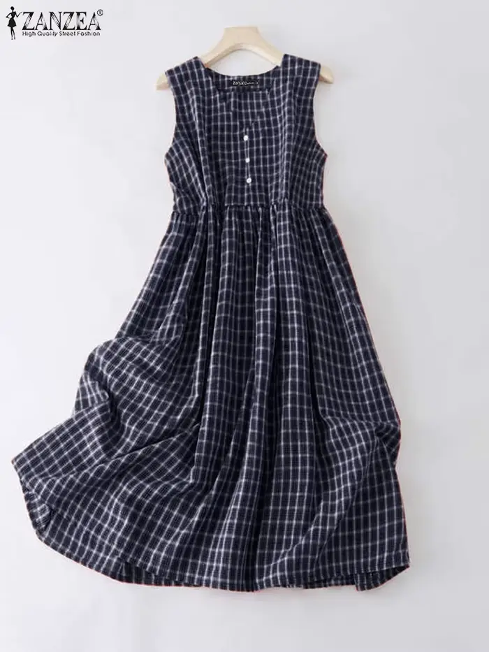 ZANZEA bohème femmes Robe longue décontracté été sans manches Vintage Plaid Robe d'été 2025 mode col