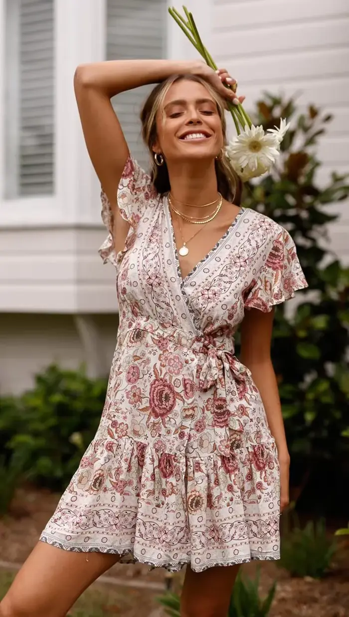 Mini robe portefeuille à fleurs style Boho pour femmes, imprimé Floral Hippie, col en v, ceinture, s
