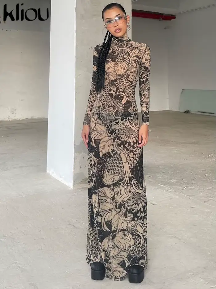 Kliou – Robe Maxi en maille imprimée Vintage pour femmes