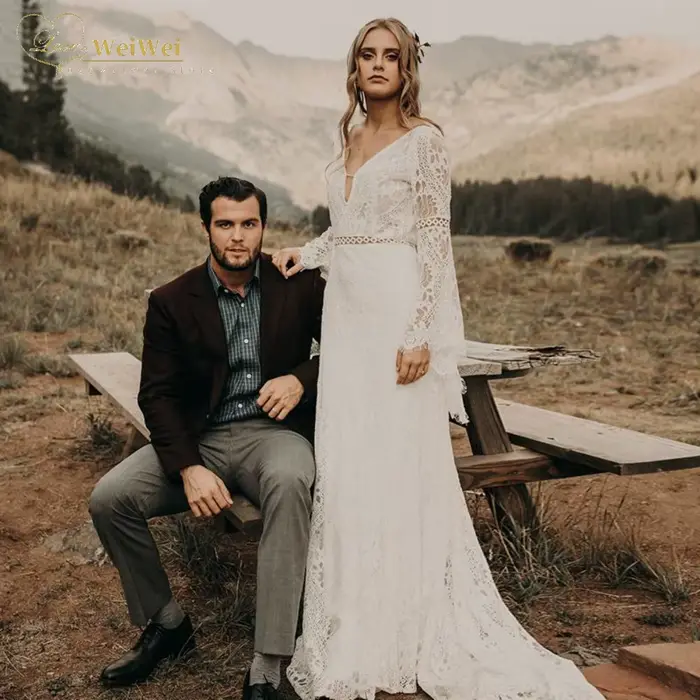 Robe de mariée bohème élégante ligne profonde col V traîne courte manches évasées dos nu ceinture en dentelle occasion spéciale