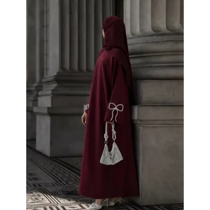Abaya pour femme élégante polyester tricotée avec arc décoration pour occasions spéciales automne hiver