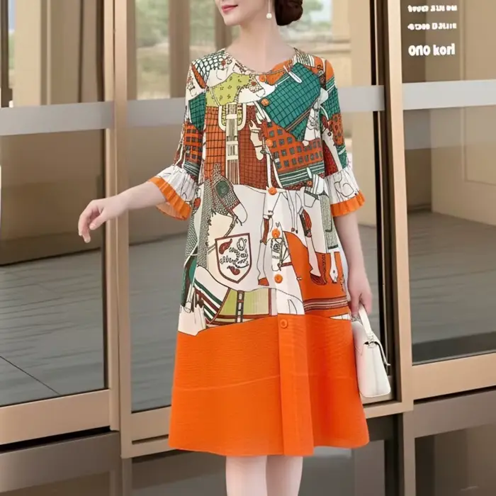 Robe plissée évasée à imprimé floral rose rouge pour femme LANMREM