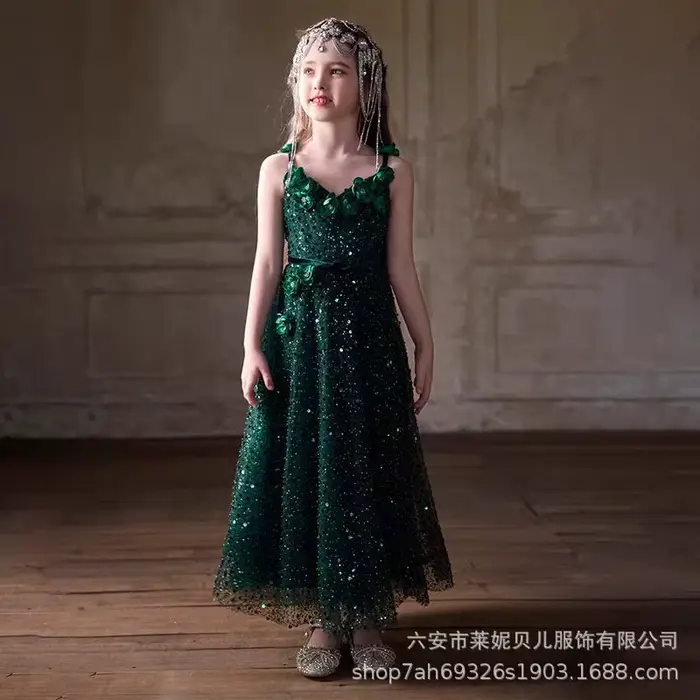 Robe de princesse vert forêt pour filles, robe de mariée à fleurs, pour spectacle de Piano, fête d'a