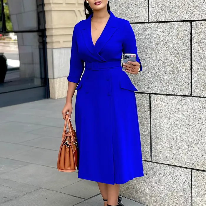 Robe élégante pour femmes, col cranté, manches trois quarts, ligne A, ceinture de taille, Double bou
