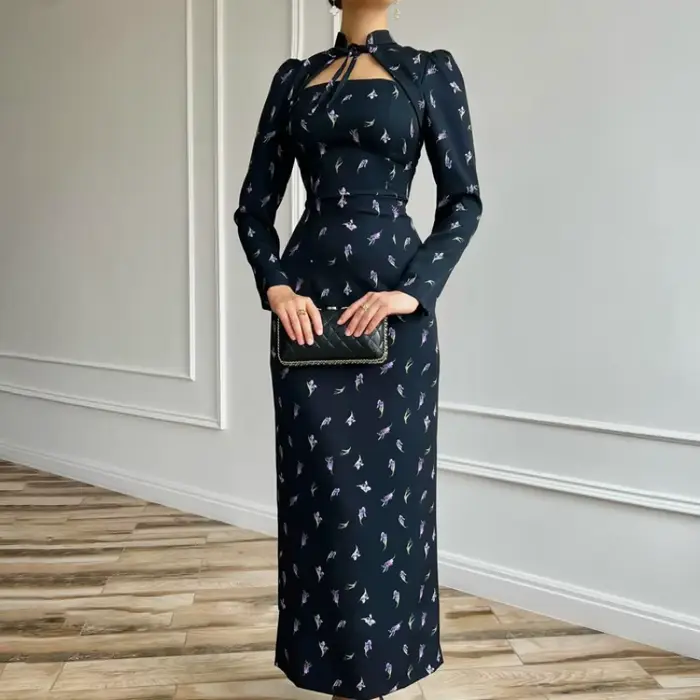Robe à manches longues vintage polyester pour femmes, automne, bureau et soirées, élégante et confortable