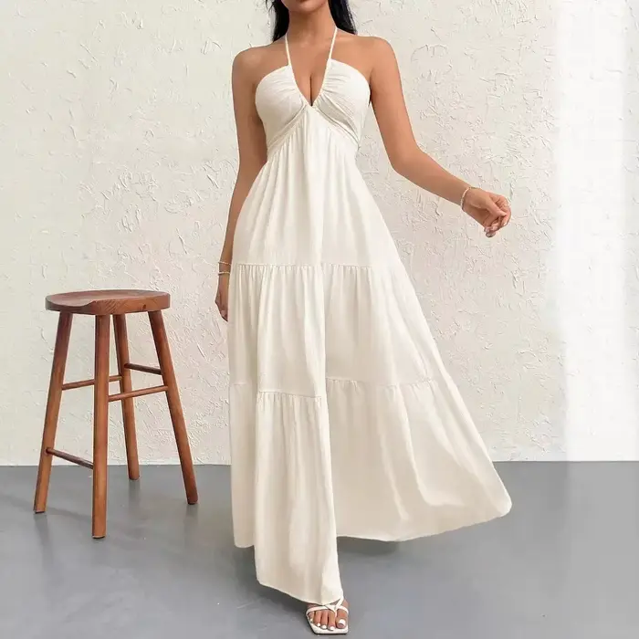 Robe trapèze plissée blanche, dos nu, col en v, pour vacances à la plage, vêtements pour femmes, rob