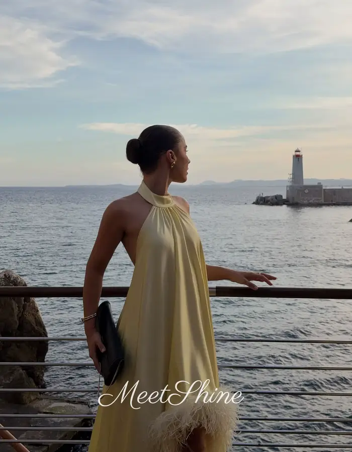 Robe de soirée moderne en mousseline jaune clair avec train court pour femmes, soirée officielle, élégante et personnalisable