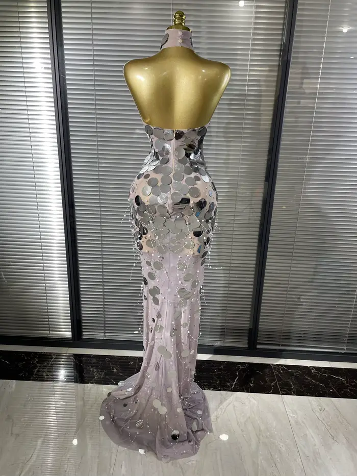 Robe longue sirène moulante transparente en maille à sequins argentés et dorés pour femme