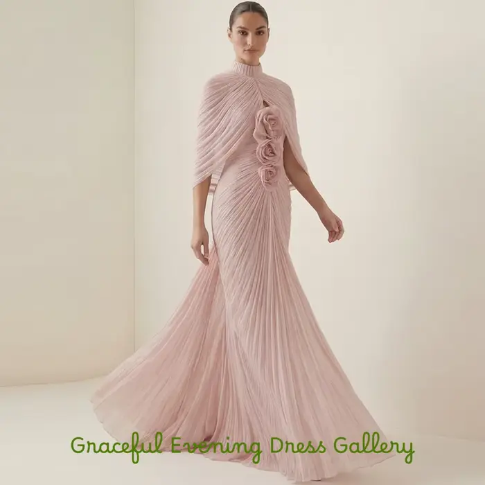 Robe de soirée classique en mousseline rose avec fleurs délicates