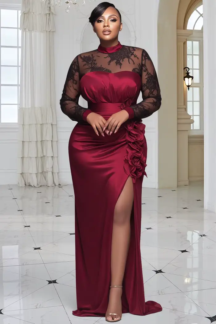 Robe maxi en satin et dentelle rouge élégante pour femmes occasions formelles cocktail soirées